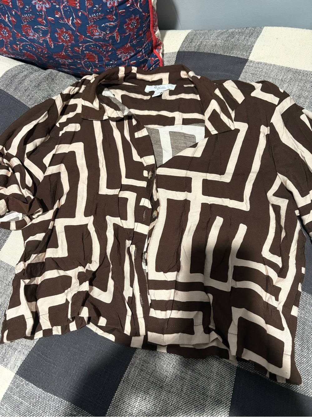 Relaxed Geometric Button-Front Top - Brown/White